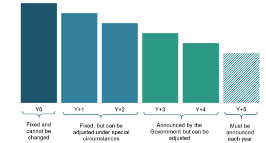 A diagram that shows the five-year rolling process for how different years covered by ETS settings are treated. The current year (Y0) is fixed and cannot be changed. Years 1 and 2 (Y+1 and Y+2) are fixed, but can be adjusted under special circumstances. Years 3 and 4 (Y+3 and Y+4) have been announced by the Government but can be adjusted. Year 5 (Y+5) must be announced each year. The years are presented as a steadily decreasing bar chart to illustrate that auction volumes are expected to decrease over time. 