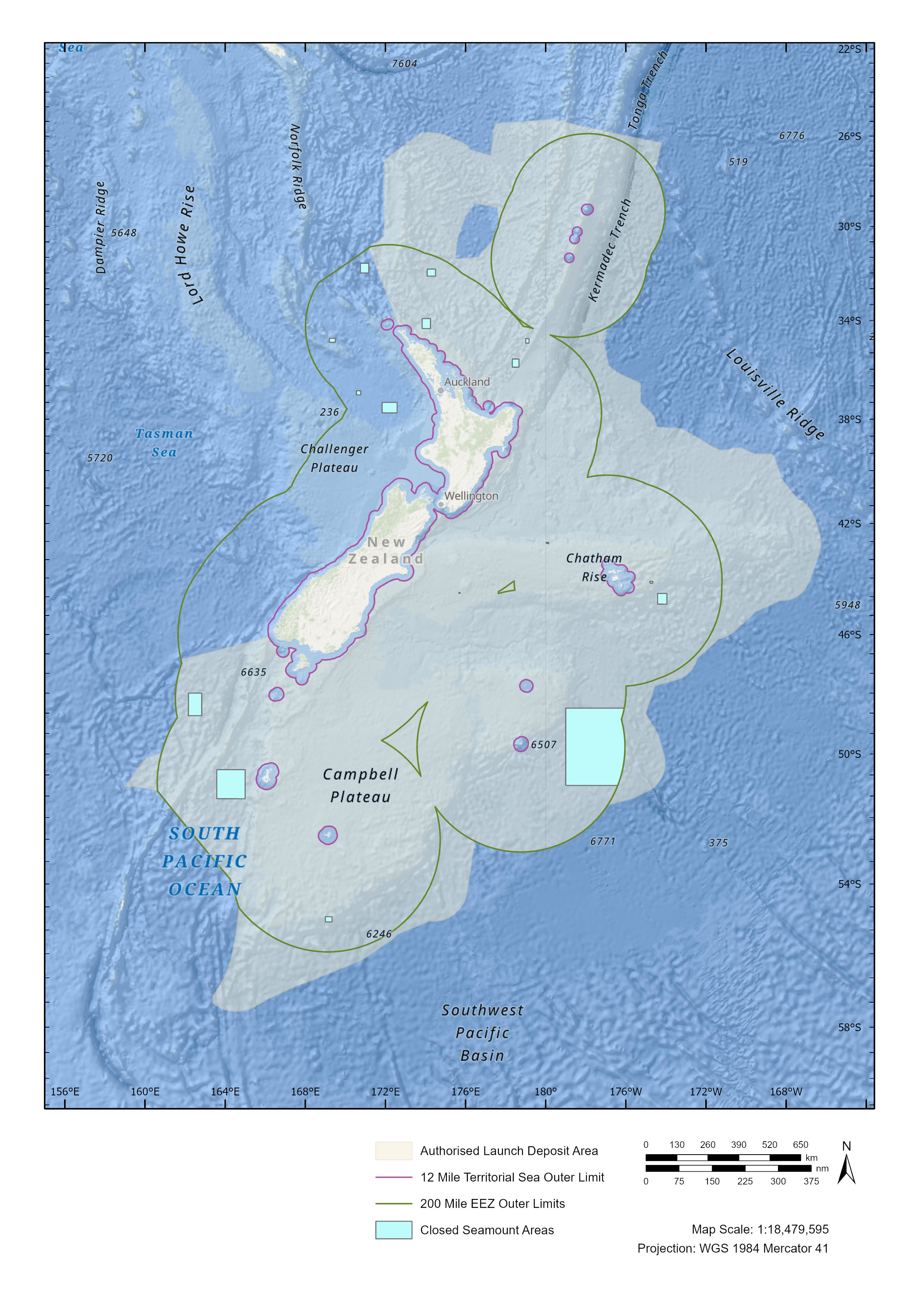 Map of New Zealand showing the authorised launch deposit area in the ocean.