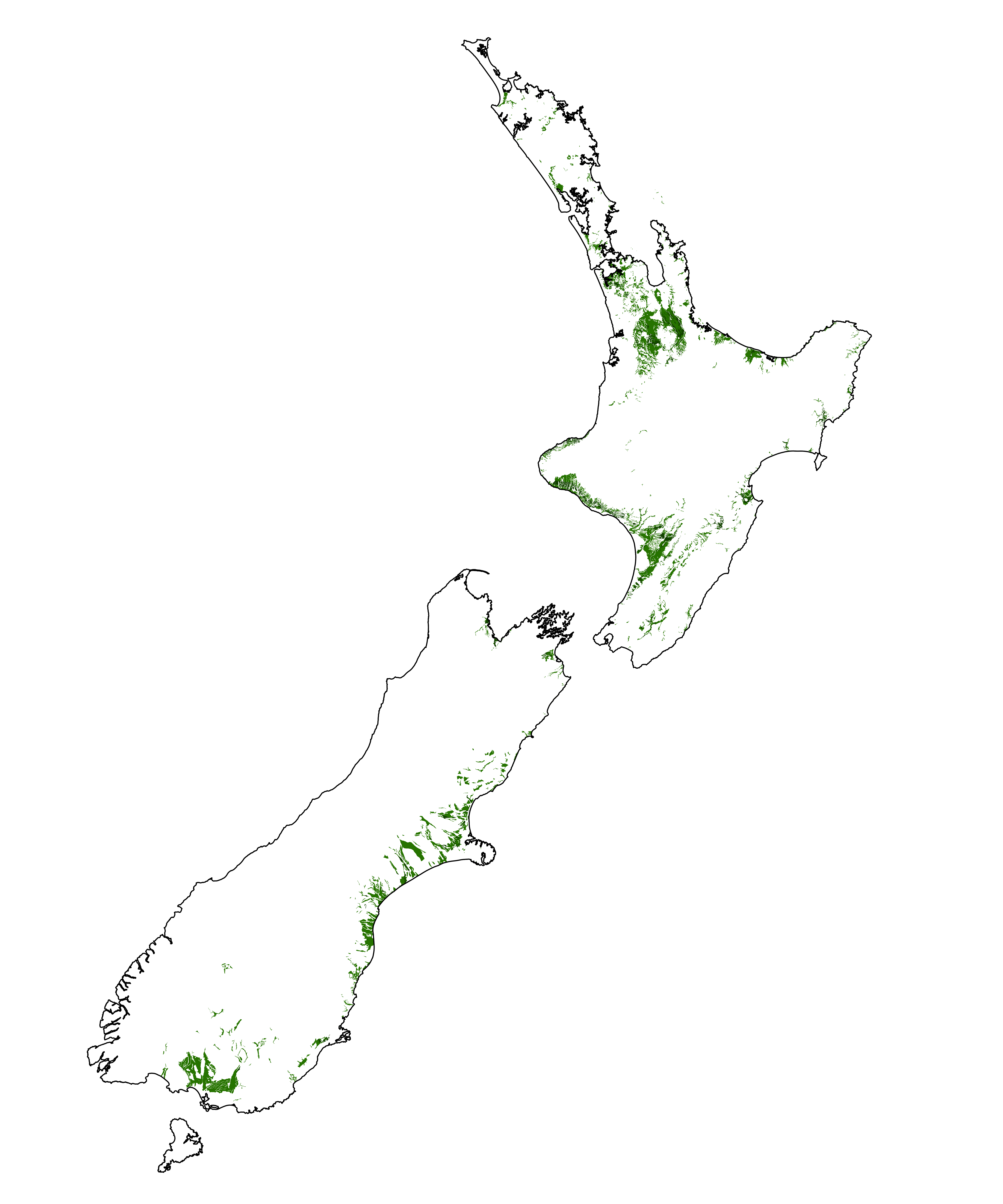 Map of New Zealand showing LUC 1-2 land.